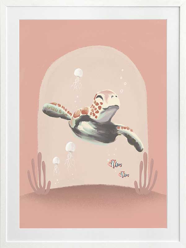 A whimsical scene of a small diver riding a turtle through a pink-toned underwater world with coral and bubbles, from the Little Tails Collection by Urban Road.