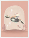 A whimsical scene of a small diver riding a turtle through a pink-toned underwater world with coral and bubbles, from the Little Tails Collection by Urban Road.