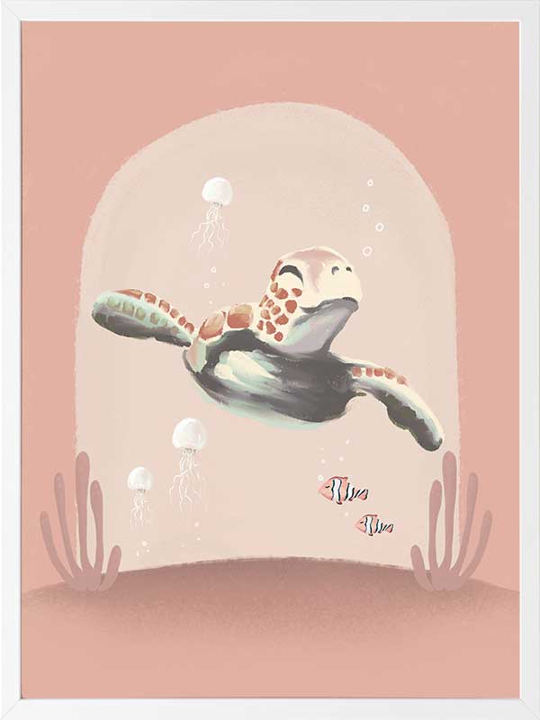 A whimsical scene of a small diver riding a turtle through a pink-toned underwater world with coral and bubbles, from the Little Tails Collection by Urban Road.