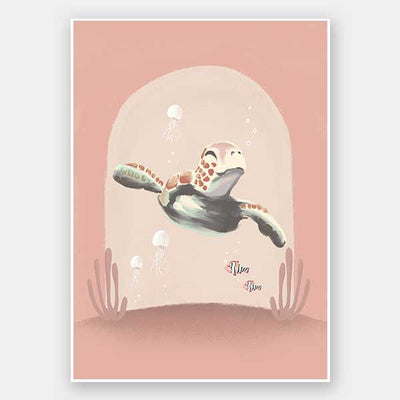 A whimsical scene of a small diver riding a turtle through a pink-toned underwater world with coral and bubbles, from the Little Tails Collection by Urban Road.