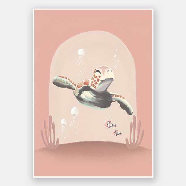 A whimsical scene of a small diver riding a turtle through a pink-toned underwater world with coral and bubbles, from the Little Tails Collection by Urban Road.