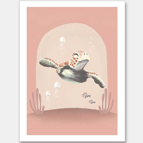 A whimsical scene of a small diver riding a turtle through a pink-toned underwater world with coral and bubbles, from the Little Tails Collection by Urban Road.