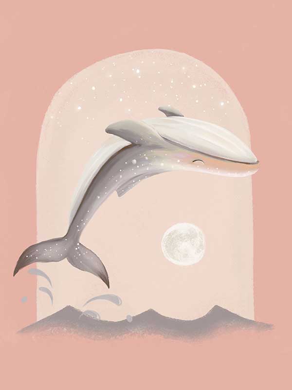 An illustrated dolphin leaps over soft waves toward a glowing full moon in a dreamy pink night scene, from the Little Tails Collection by Urban Road.