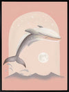 An illustrated dolphin leaps over soft waves toward a glowing full moon in a dreamy pink night scene, from the Little Tails Collection by Urban Road.