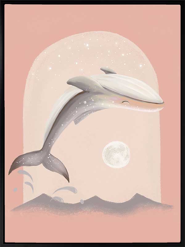 An illustrated dolphin leaps over soft waves toward a glowing full moon in a dreamy pink night scene, from the Little Tails Collection by Urban Road.