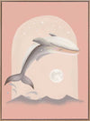 An illustrated dolphin leaps over soft waves toward a glowing full moon in a dreamy pink night scene, from the Little Tails Collection by Urban Road.