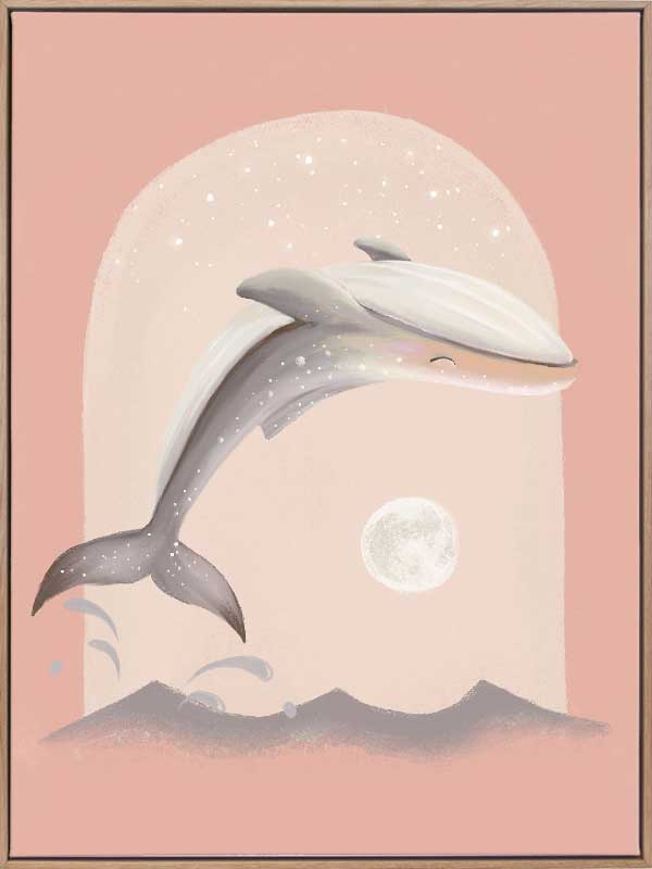 An illustrated dolphin leaps over soft waves toward a glowing full moon in a dreamy pink night scene, from the Little Tails Collection by Urban Road.