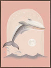An illustrated dolphin leaps over soft waves toward a glowing full moon in a dreamy pink night scene, from the Little Tails Collection by Urban Road.