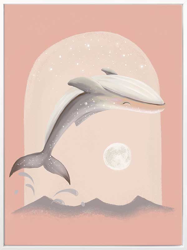 An illustrated dolphin leaps over soft waves toward a glowing full moon in a dreamy pink night scene, from the Little Tails Collection by Urban Road.