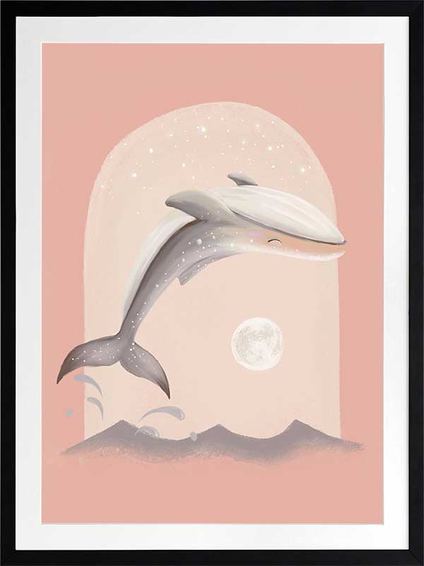 An illustrated dolphin leaps over soft waves toward a glowing full moon in a dreamy pink night scene, from the Little Tails Collection by Urban Road.