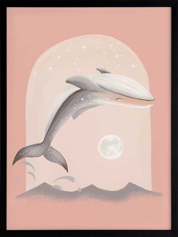 An illustrated dolphin leaps over soft waves toward a glowing full moon in a dreamy pink night scene, from the Little Tails Collection by Urban Road.