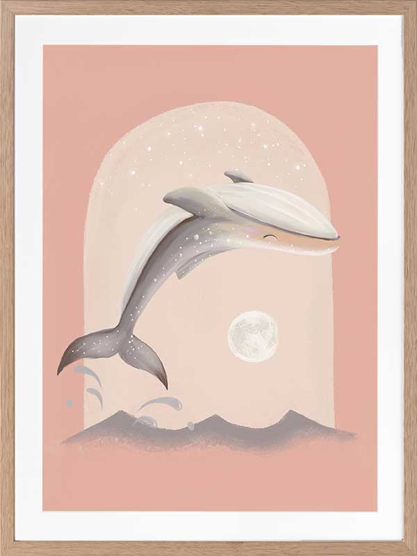 An illustrated dolphin leaps over soft waves toward a glowing full moon in a dreamy pink night scene, from the Little Tails Collection by Urban Road.