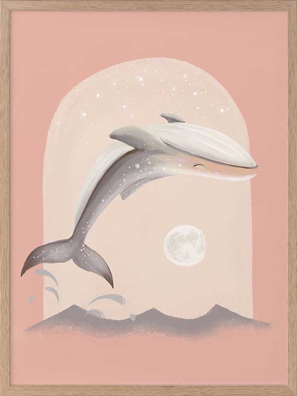 An illustrated dolphin leaps over soft waves toward a glowing full moon in a dreamy pink night scene, from the Little Tails Collection by Urban Road.