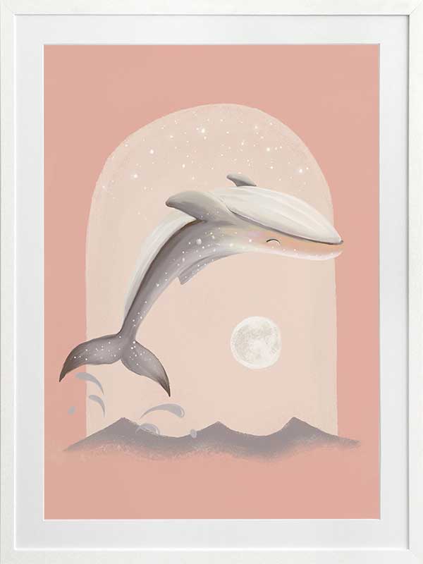 An illustrated dolphin leaps over soft waves toward a glowing full moon in a dreamy pink night scene, from the Little Tails Collection by Urban Road.