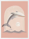 An illustrated dolphin leaps over soft waves toward a glowing full moon in a dreamy pink night scene, from the Little Tails Collection by Urban Road.