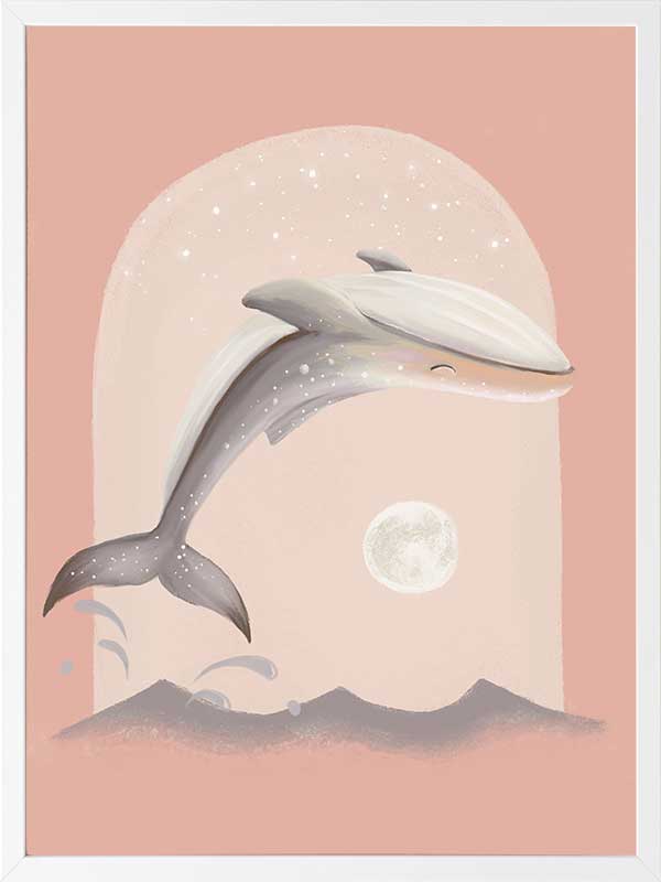 An illustrated dolphin leaps over soft waves toward a glowing full moon in a dreamy pink night scene, from the Little Tails Collection by Urban Road.