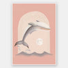 An illustrated dolphin leaps over soft waves toward a glowing full moon in a dreamy pink night scene, from the Little Tails Collection by Urban Road.