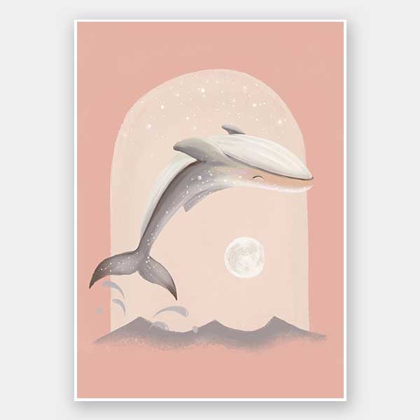 An illustrated dolphin leaps over soft waves toward a glowing full moon in a dreamy pink night scene, from the Little Tails Collection by Urban Road.