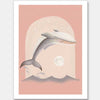 An illustrated dolphin leaps over soft waves toward a glowing full moon in a dreamy pink night scene, from the Little Tails Collection by Urban Road.
