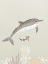 Illustration of a dolphin and small fish swimming underwater in soft green and grey tones from the Little Tails Collection by Urban Road.