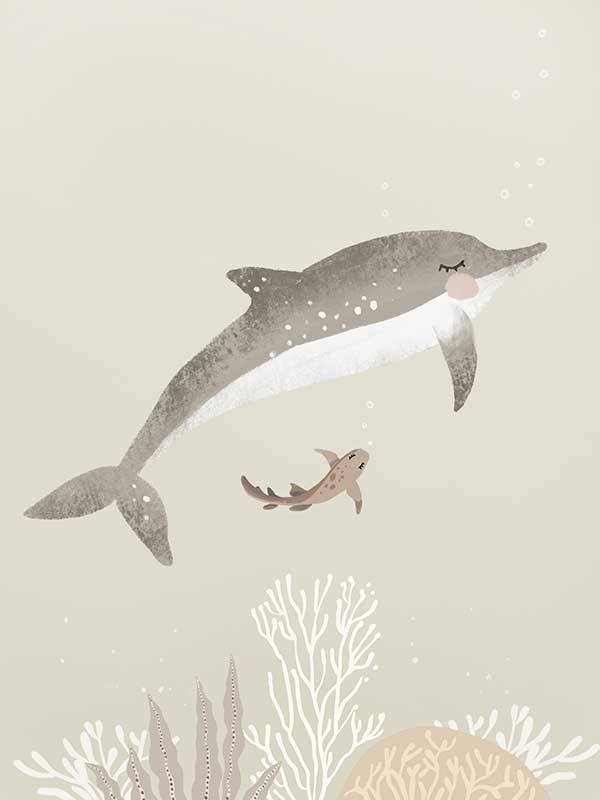 Illustration of a dolphin and small fish swimming underwater in soft green and grey tones from the Little Tails Collection by Urban Road.