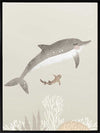 Illustration of a dolphin and small fish swimming underwater in soft green and grey tones from the Little Tails Collection by Urban Road.