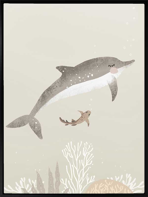 Illustration of a dolphin and small fish swimming underwater in soft green and grey tones from the Little Tails Collection by Urban Road.
