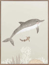 Illustration of a dolphin and small fish swimming underwater in soft green and grey tones from the Little Tails Collection by Urban Road.