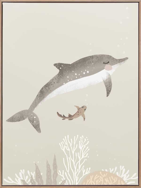 Illustration of a dolphin and small fish swimming underwater in soft green and grey tones from the Little Tails Collection by Urban Road.