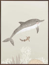 Illustration of a dolphin and small fish swimming underwater in soft green and grey tones from the Little Tails Collection by Urban Road.