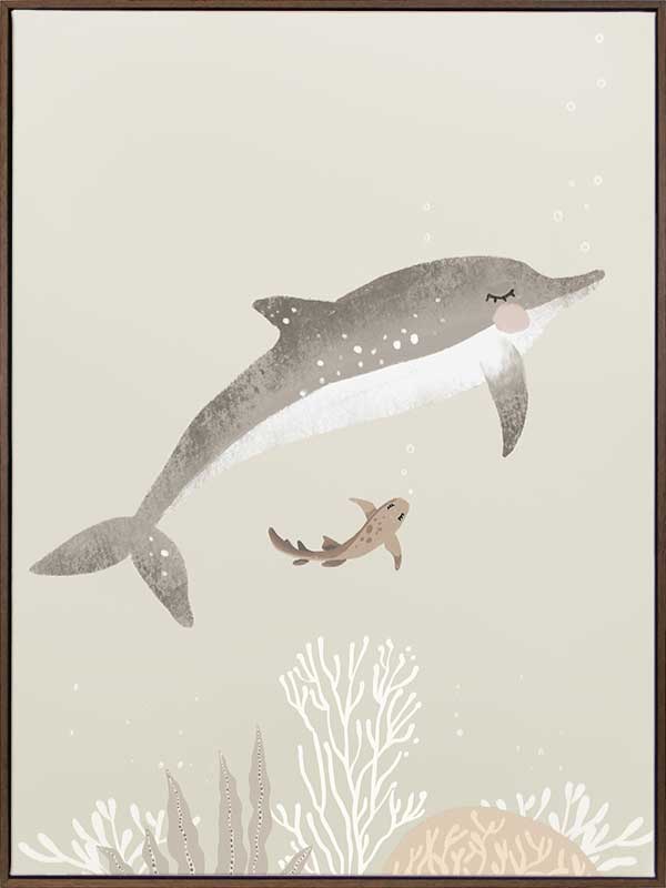 Illustration of a dolphin and small fish swimming underwater in soft green and grey tones from the Little Tails Collection by Urban Road.