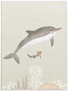 Illustration of a dolphin and small fish swimming underwater in soft green and grey tones from the Little Tails Collection by Urban Road.