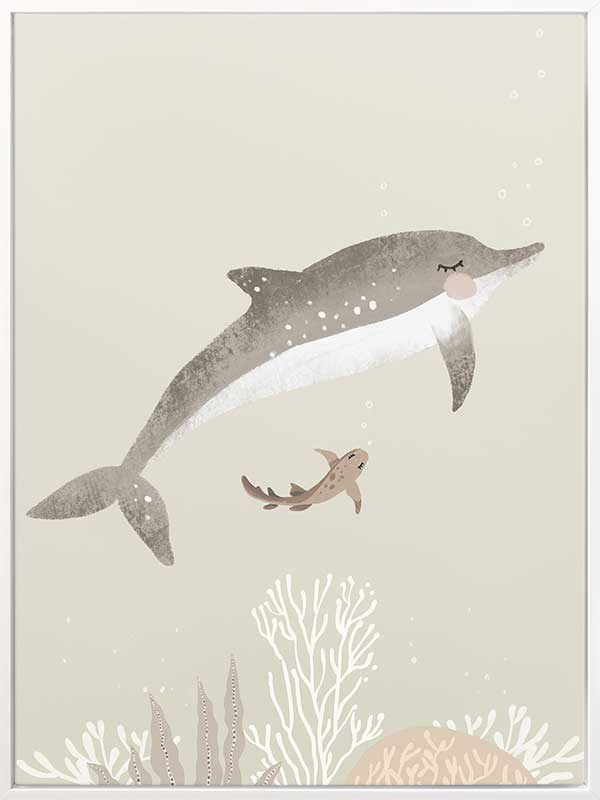 Illustration of a dolphin and small fish swimming underwater in soft green and grey tones from the Little Tails Collection by Urban Road.