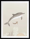 Illustration of a dolphin and small fish swimming underwater in soft green and grey tones from the Little Tails Collection by Urban Road.