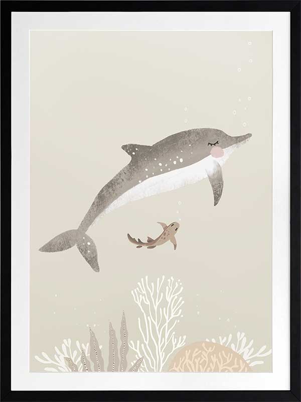Illustration of a dolphin and small fish swimming underwater in soft green and grey tones from the Little Tails Collection by Urban Road.