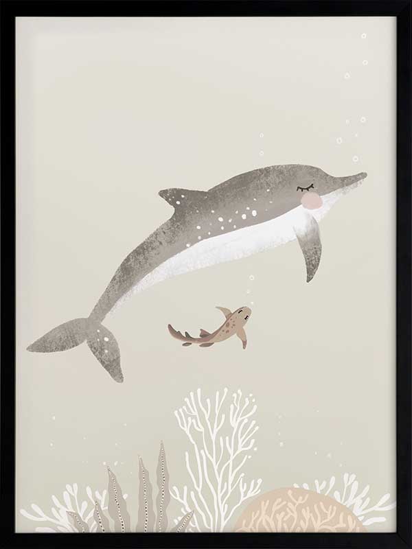 Illustration of a dolphin and small fish swimming underwater in soft green and grey tones from the Little Tails Collection by Urban Road.