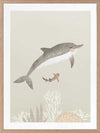 Illustration of a dolphin and small fish swimming underwater in soft green and grey tones from the Little Tails Collection by Urban Road.