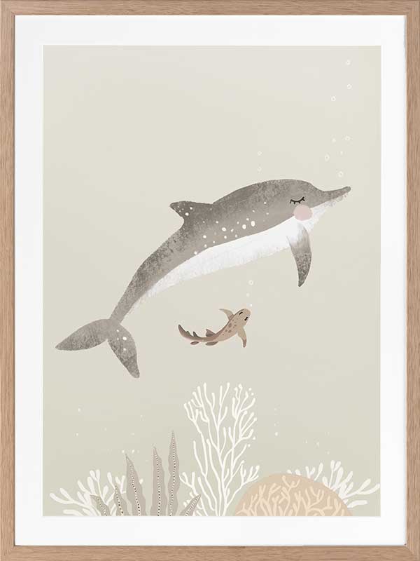 Illustration of a dolphin and small fish swimming underwater in soft green and grey tones from the Little Tails Collection by Urban Road.