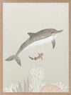 Illustration of a dolphin and small fish swimming underwater in soft green and grey tones from the Little Tails Collection by Urban Road.