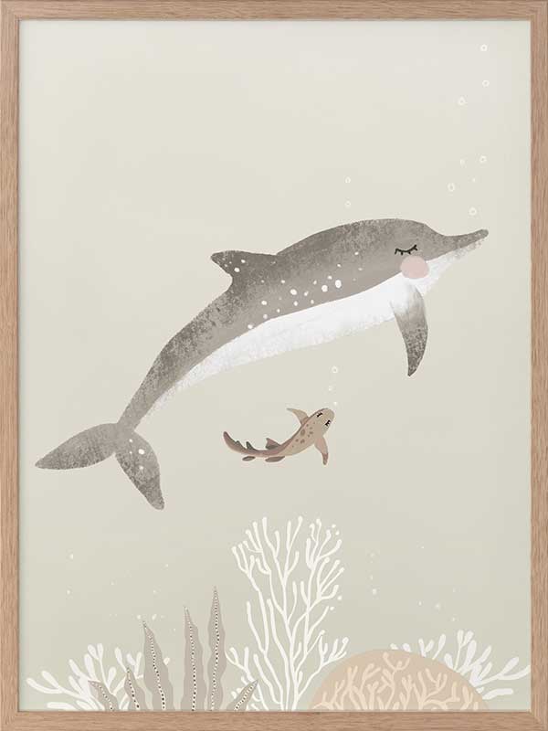 Illustration of a dolphin and small fish swimming underwater in soft green and grey tones from the Little Tails Collection by Urban Road.