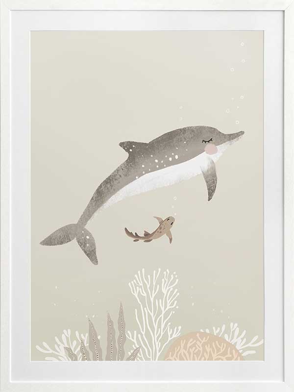 Illustration of a dolphin and small fish swimming underwater in soft green and grey tones from the Little Tails Collection by Urban Road.