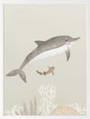 Illustration of a dolphin and small fish swimming underwater in soft green and grey tones from the Little Tails Collection by Urban Road.