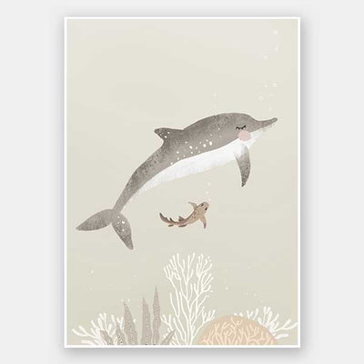 Illustration of a dolphin and small fish swimming underwater in soft green and grey tones from the Little Tails Collection by Urban Road.