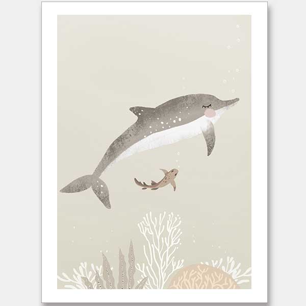 Illustration of a dolphin and small fish swimming underwater in soft green and grey tones from the Little Tails Collection by Urban Road.