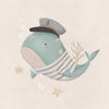 Whimsical illustration of a blue whale wearing a sailor hat and striped shirt surrounded by underwater elements from the Little Tails Collection by Urban Road.