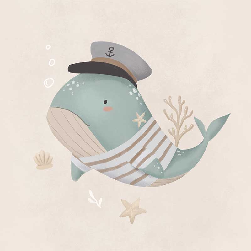 Whimsical illustration of a blue whale wearing a sailor hat and striped shirt surrounded by underwater elements from the Little Tails Collection by Urban Road.