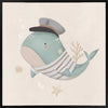 Whimsical illustration of a blue whale wearing a sailor hat and striped shirt surrounded by underwater elements from the Little Tails Collection by Urban Road.