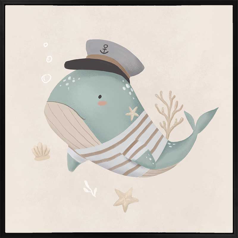 Whimsical illustration of a blue whale wearing a sailor hat and striped shirt surrounded by underwater elements from the Little Tails Collection by Urban Road.