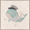 Whimsical illustration of a blue whale wearing a sailor hat and striped shirt surrounded by underwater elements from the Little Tails Collection by Urban Road.