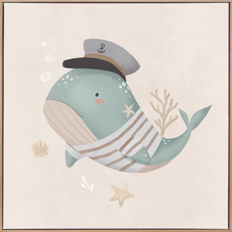 Whimsical illustration of a blue whale wearing a sailor hat and striped shirt surrounded by underwater elements from the Little Tails Collection by Urban Road.